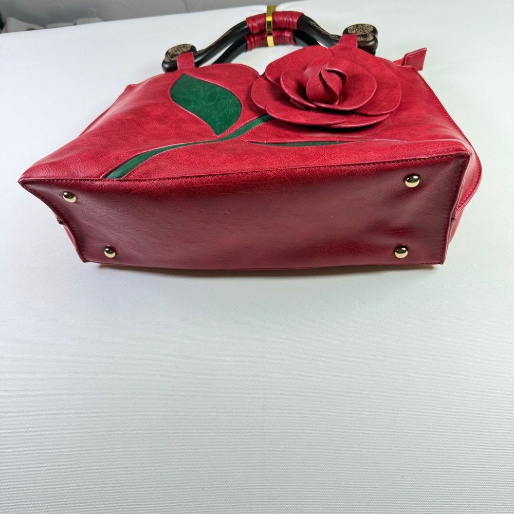 Red 3D Rose Flower Applique Faux Leather Satchel Handbag Medium - Picture 6 of 6